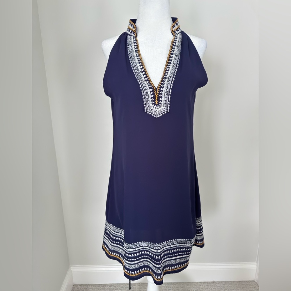 Navy Embroidered Halter Dress